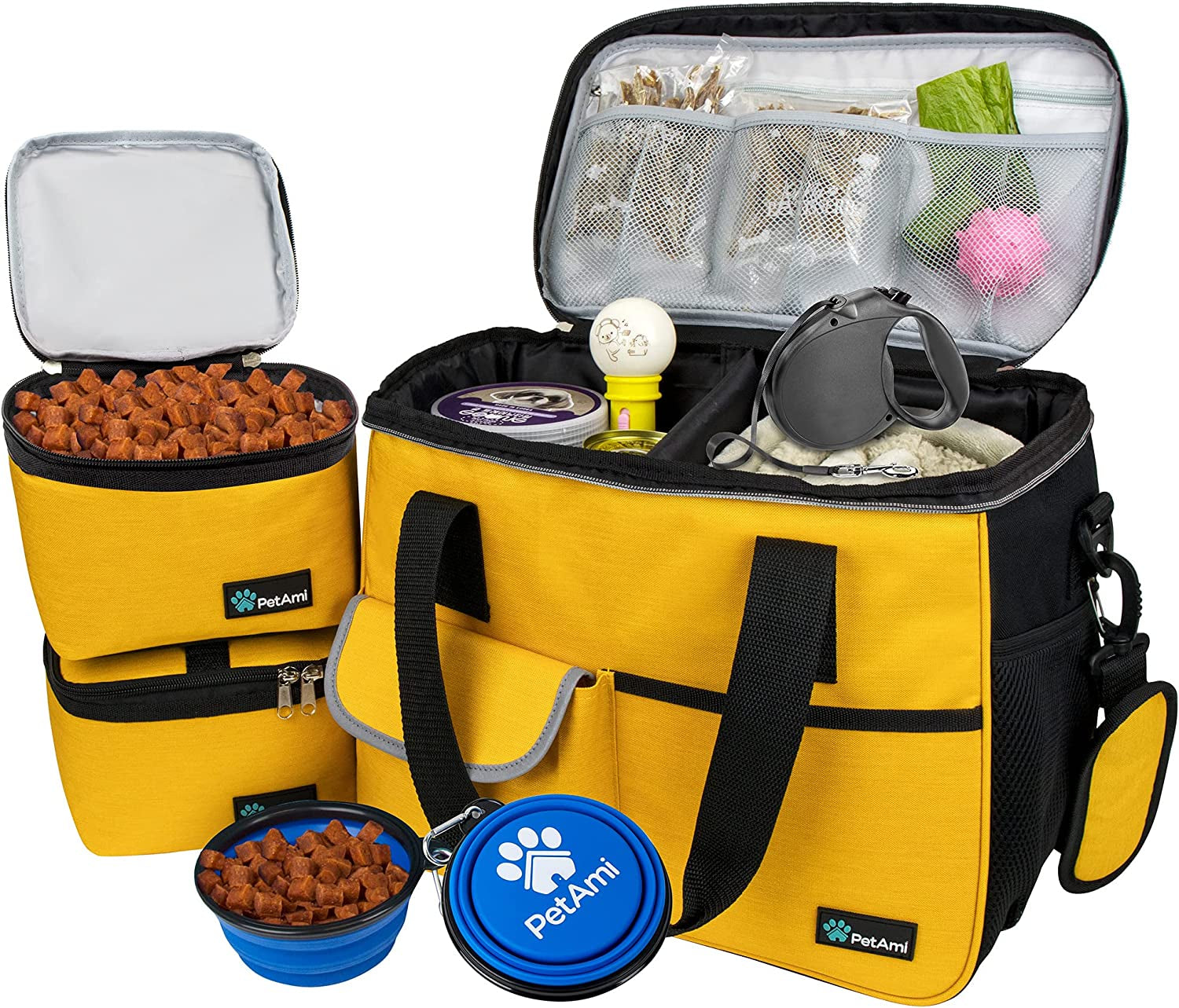 Dog Travel Bag, Travel Pet Bag Organizer, Dog Food Travel Bag with Food Container and Bowls, Dog Travel Supplies Gift Accessories for Weekend Camping, Dog Cat Diaper Bag (Yellow, Medium)